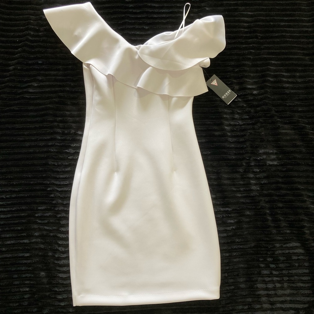 Guess White Asymmetrical Ruffle Top Dress Small